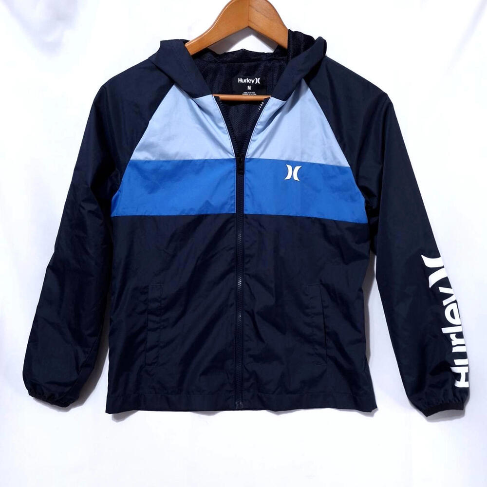 Hurley Colorblock Windbreaker Boys M 10-12Yrs Hooded Full Zip Jacket Black‎ Blue